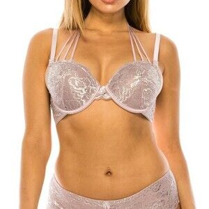 Youmita 34B Seafog Metallic Lace Bra & Medium Metallic Lace Hipster NWT